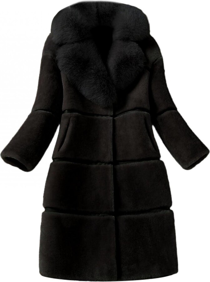 Womens Long Sleeve Winter Warm Lapel Fox Faux Fur Coat Jacket Overcoat Outwear with Pockets
