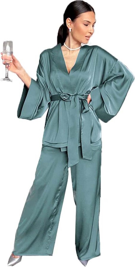 JOEupin Satin Pajamas Set for Women Long Sleeve Sleepwear Silk Nightwear  V-Neck PJS Set 2 Piece Lounge Sets - ShopStyle