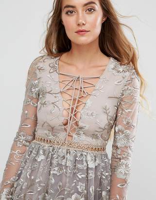 True Decadence Tall All Over Embroidered Mini Skater Dress With Lace Up Plunge Front