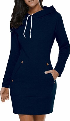 BUIBIU Women Ladies Long Sleeve Casual Slim Fit Midi Hoodie Dress with Pocket DarkBlue UK 16