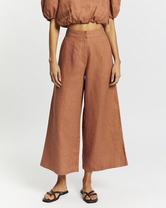 AERE Women's Brown Cropped Pants - Linen Wide Leg Culottes