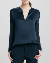 Thumbnail for your product : Vince Mixed Media Split-Neck Top, Coastal