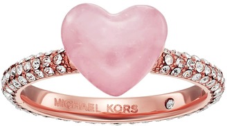 Michael Kors Carved Hearts Rose Quartz and Pavé Crystal Heart Ring