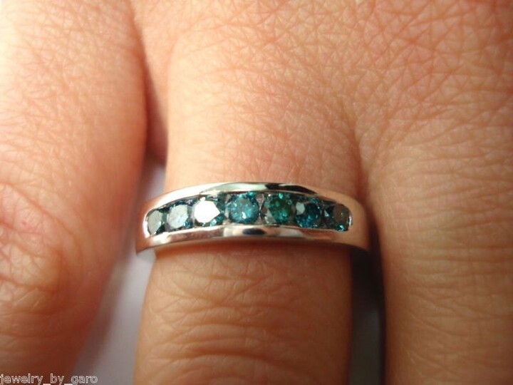 Etsy Blue Diamond Wedding Ring 7 Stone 0.38 Carat 14K White Gold Canal Set Handmade