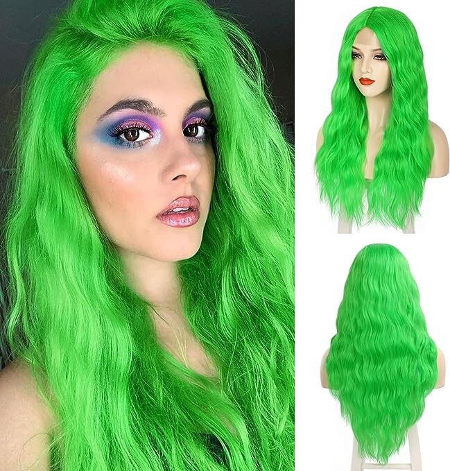Green Wig Long Wavy Wigs for Women 24 Inch Middle Part Natural Wave Synthetic Wig for Cosplay Party Use