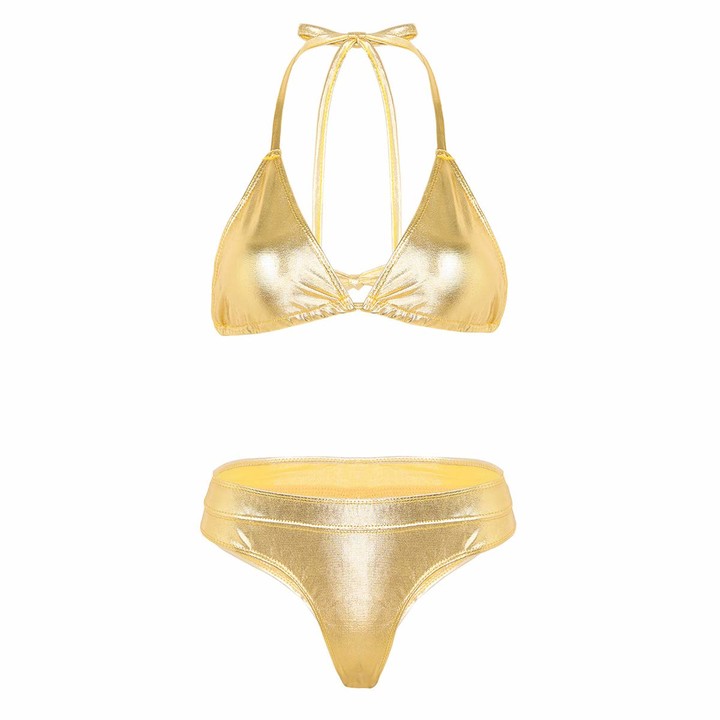 iEFiEL Women's Shiny Metallic 2 Piece Triangle Bikini Set Halter Bra G ...
