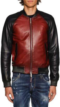 DSQUARED2 Colorblock Leather Bomber Jacket, Red/Blue