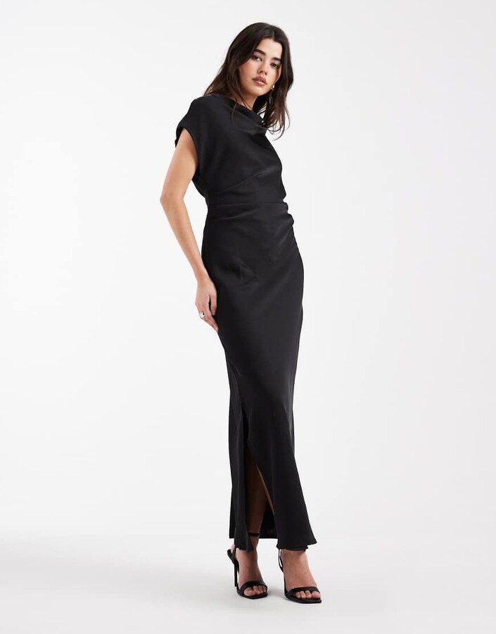 Vero Moda satin drape neck cap sleeve maxi dress in black