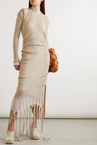 Thumbnail for your product : Bottega Veneta Open-back Layered Fringed Ribbed-knit Turtleneck Dress - Beige