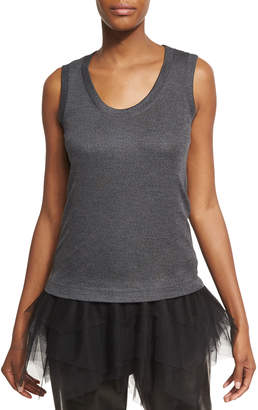 Brunello Cucinelli Wool Jersey Scoop-Neck Tank with Tulle Hem, Charcoal