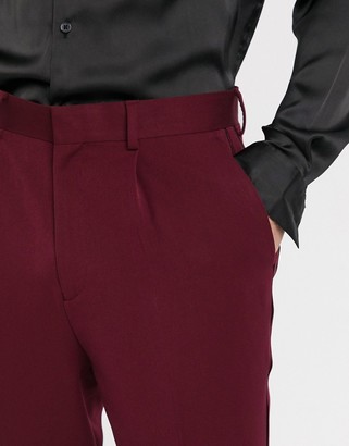 ASOS DESIGN DESIGN smart tapered tuxedo trousers in burgundy