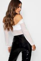 Thumbnail for your product : boohoo Petite Shirred Mesh Off The Shoulder Bodysuit