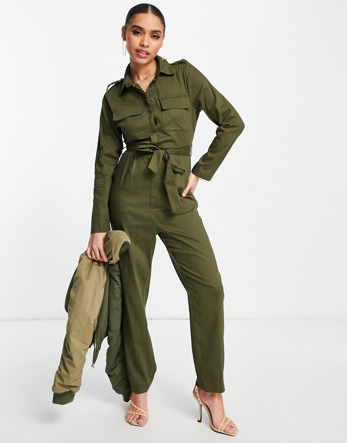 Trendyol utility jumpsuit with long sleeves in khaki - ShopStyle