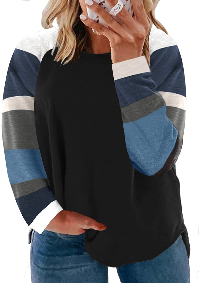 Womens Ladies Color Floral Stripes Block Reglan Long Sleeve Tunic Sweatshirt Tops Casual Vertily Blouse Light Blue, X-Large