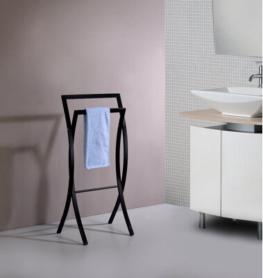 InRoom Designs Freestanding Bathroom Towel Rack Stand with Two Chrome Bars and Weighted Metal Base for Hanging Bath Towels Hand Towels and Washcloths in Compact Spac