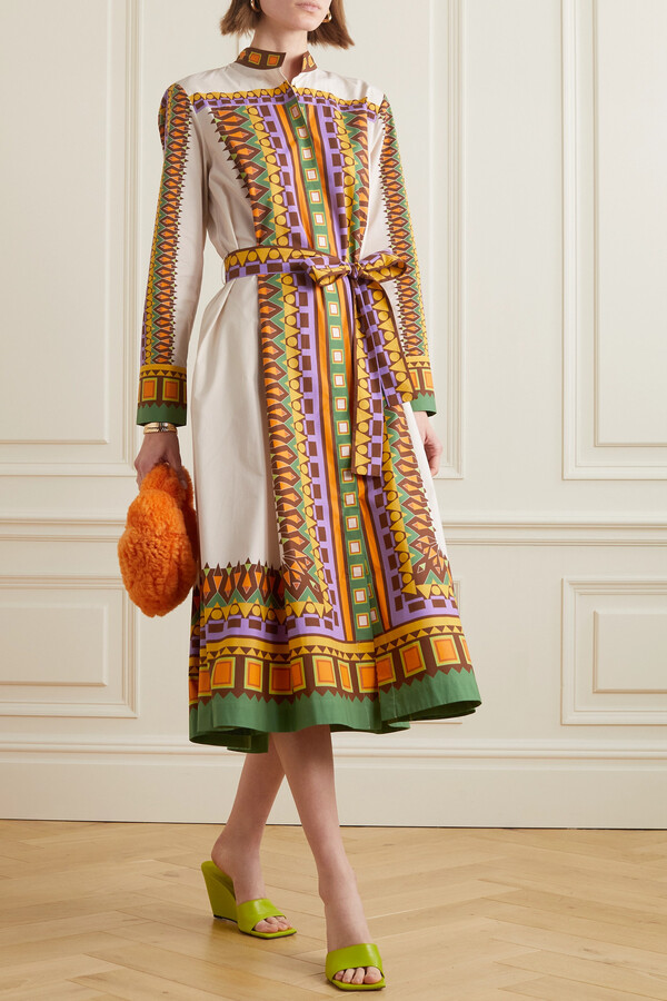 La DoubleJ Sundowner Belted Printed Cotton-poplin Midi Shirt Dress - Orange  - ShopStyle