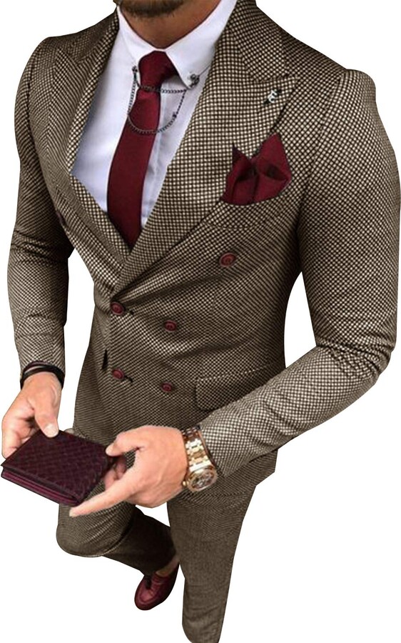 Pkrboro Men's TwoPiece Suit Plaid Double Breasted Smart Formal Wedding