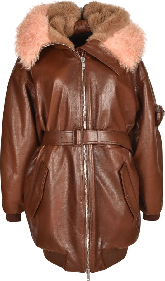 Prada Furred Hood Zip Belted Coat - ShopStyle