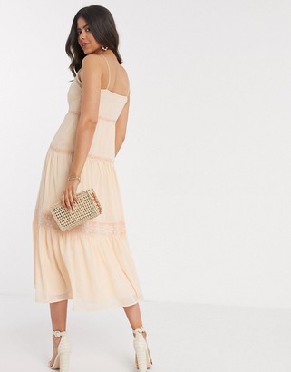 ASOS DESIGN DESIGN button front tiered midi cami dress with lace insert in peach