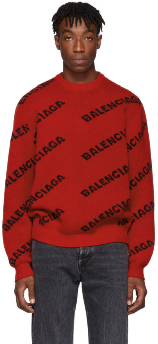 Balenciaga Red and Black Wool All Over Logo Sweater - ShopStyle