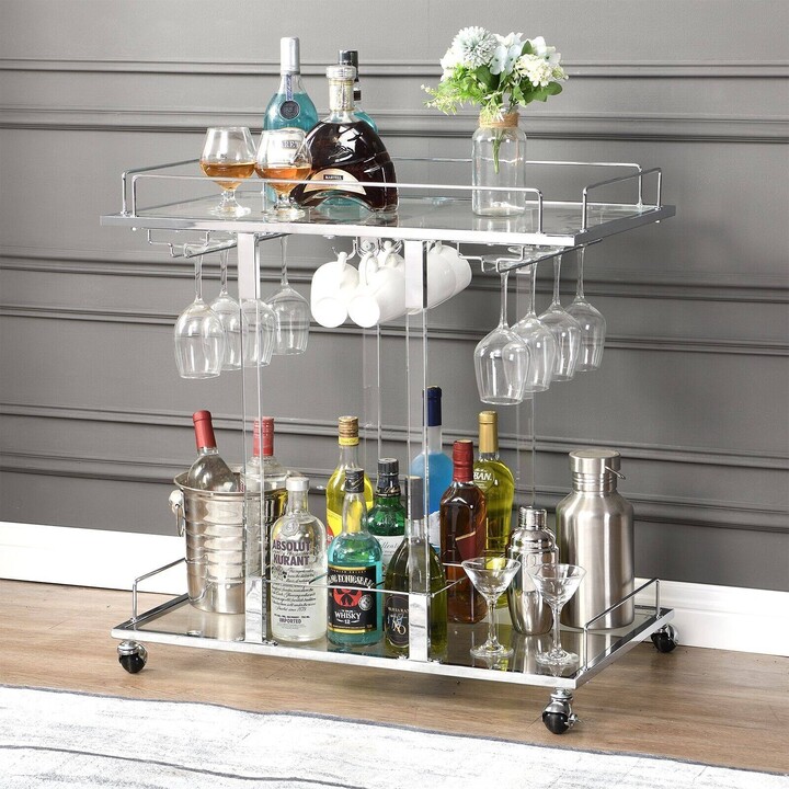 Hausfame Home Bars Cart Glass Metal Chrome Clear Modern Wine Rack N/A
