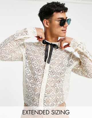 ASOS DESIGN regular lace shirt with tie neck in ecru - ShopStyle
