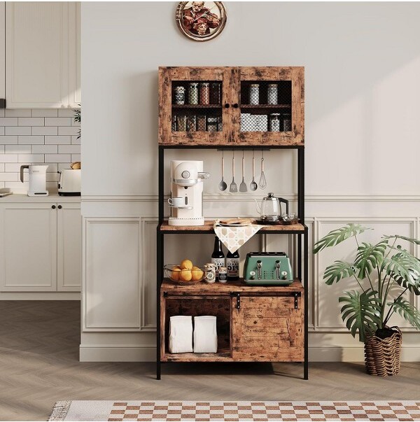 Coolmee RusticIndustrialKitchenCartwithWoodShelvesandStorageDrawersMultifunctionalApplianceOrganizerforSmallSpaces