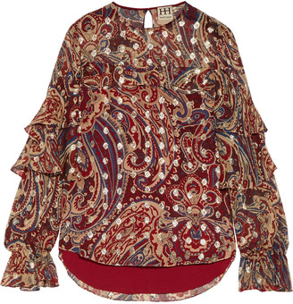 Haute Hippie Metallic ruffled printed silk-blend voile blouse