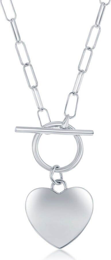 Simona Sterling Silver Shiny Heart Paperclip Chain Toggle Necklace