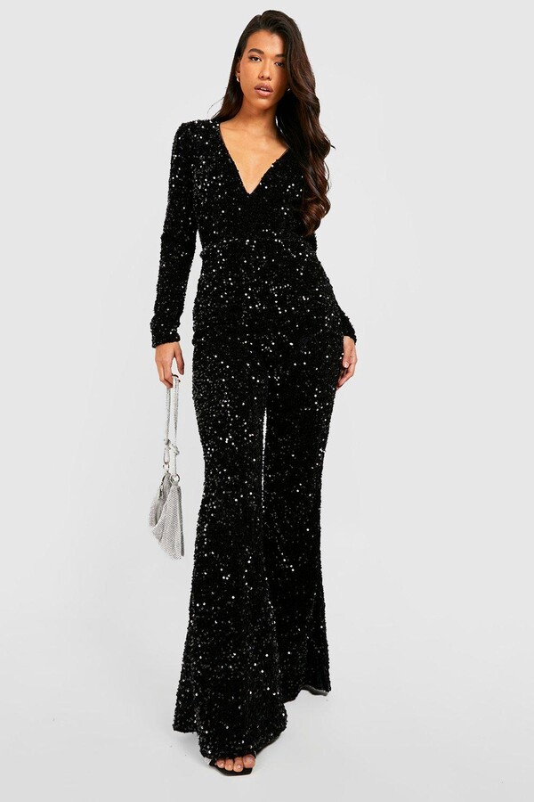 boohoo Tall Velvet Sequin Flare Jumpsuit ShopStyle