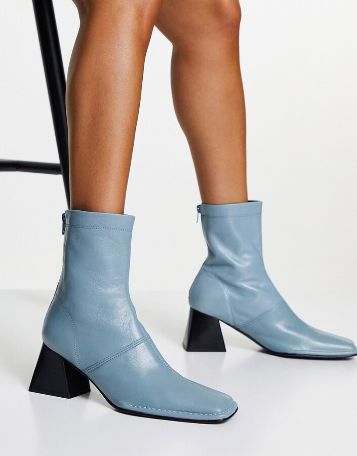Topshop Hazel leather block heel ankle boot in blue - ShopStyle