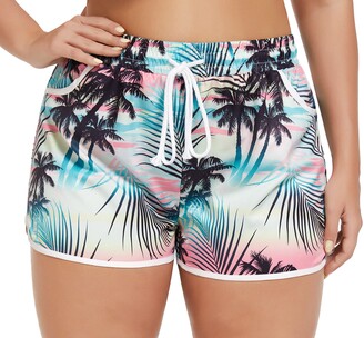 IN'VOLAND Women's Plus Size Floral Print Beach Shorts with Pockets-Quick Dry Summer Swimmwear Shorts 