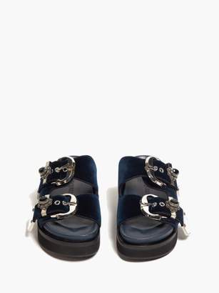 Alexander McQueen Buckled Flatform Velvet Sandals - Womens - Navy Silver