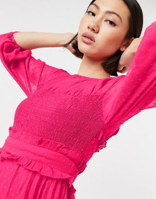 ASOS DESIGN dobby pleated shirred midi dress in hot pink