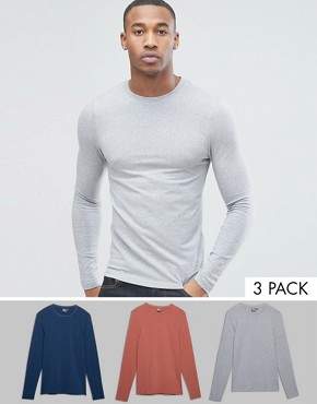 ASOS Design DESIGN extreme muscle fit long sleeve t-shirt 3 pack multipack saving