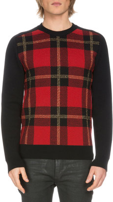 Balmain Tartan Plaid Wool-Blend Sweater, Black/Red