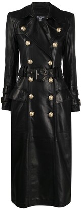 Balmain Long Black Leather Trench Coat