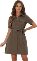 Thumbnail for your product : Allegra K Women's Safari Dresses Summer Cotton Short Sleeve Belted Button Down Shirtdress Tan XL