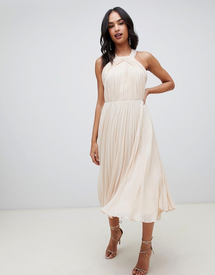 pleated halter midi dress