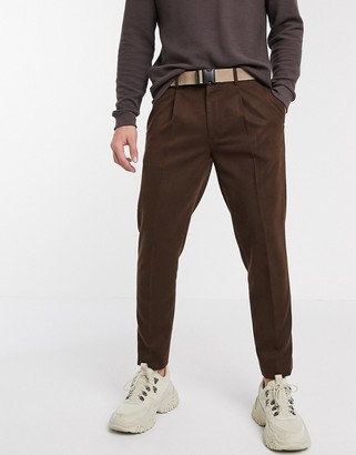 ASOS DESIGN slim crop smart trousers with belt in brown texture