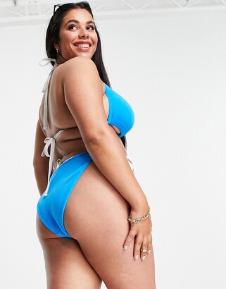 ASOS Curve DESIGN curve tanga bikini bottom with adjusters in blue towelling