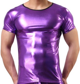 FEESHOW Men's Shiny Metallic Leather Look Underwear Short Sleeve T Shirt Top Large (Chest: 35.5-47.0")