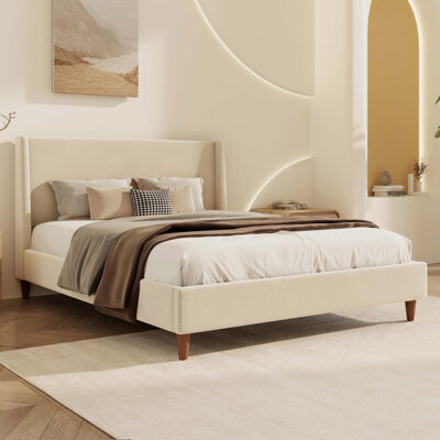 George Oliver Modern Ivory Boucle Upholstered Platform Bed With Wingback Headboard And Walnut Wooden Legs