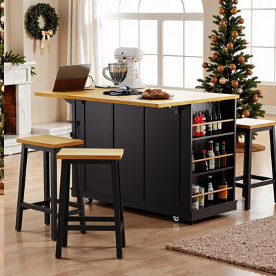 Lark Manor Mobile Kitchen Island Cart with Drop Leaf, Electrical Outlet, Racks