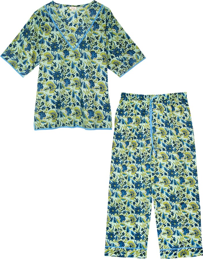 Inara Green Indian Cotton Floral Printed Pyjamas - Lime Patchouli