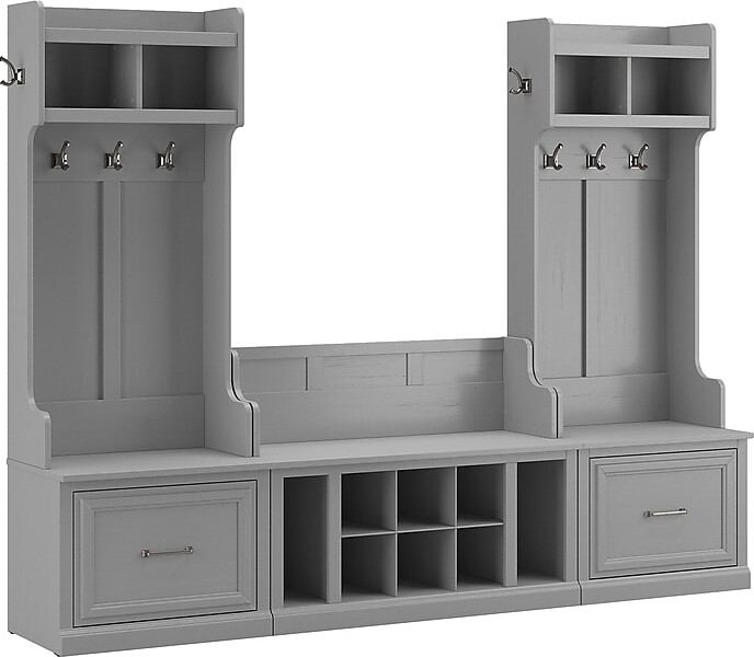 Bush Furniture Woodland Entryway Storage Set with Hall Trees and Shoe Bench with Drawers, Cape Cod Gray (WDL012CG)