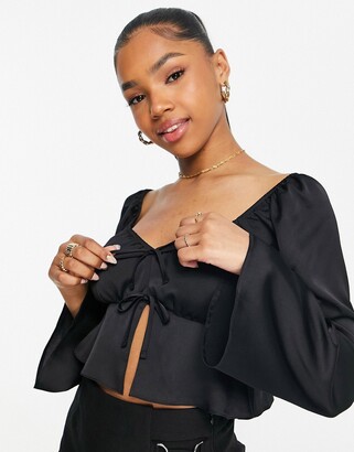 Miss Selfridge satin tie front long sleeve cropped blouse in black -  ShopStyle Tops