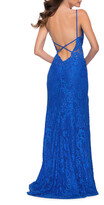 Thumbnail for your product : La Femme Stretch Lace Cross-Back Gown with Slit