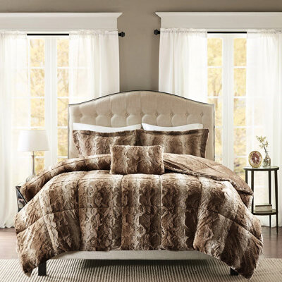 Kivaritio Full/queen Faux Fur Comforter - , Warm Filling Includes Comforter, 2 Shams, Decorative Pillow Brown Bedding 4pc With
