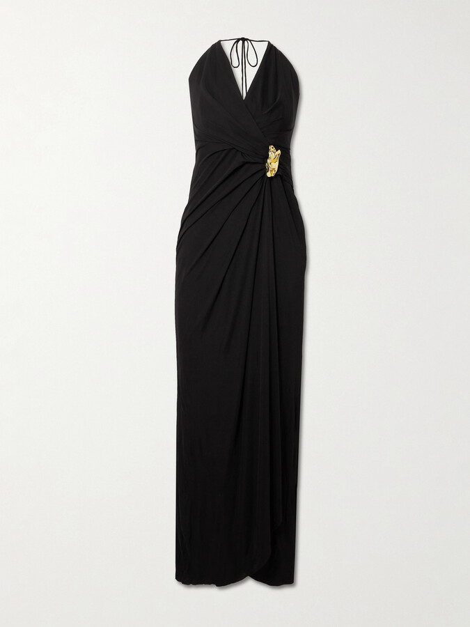 Rebecca Vallance Zaley Draped Embellished Jersey Halterneck Maxi Dress - Black